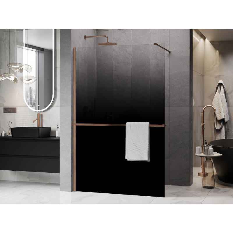 Mexen Kioto+ Sprchová stena s poličkou Walk-in 90 x 200 cm, čierna ombre 8 mm, kartáčovaná meď - 800-090-121-65-76