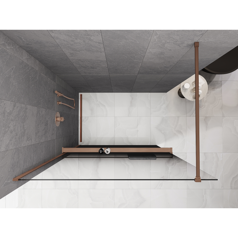 Mexen Kioto+ Sprchová stena s poličkou Walk-in 90 x 200 cm, čierna ombre 8 mm, kartáčovaná meď - 800-090-121-65-76