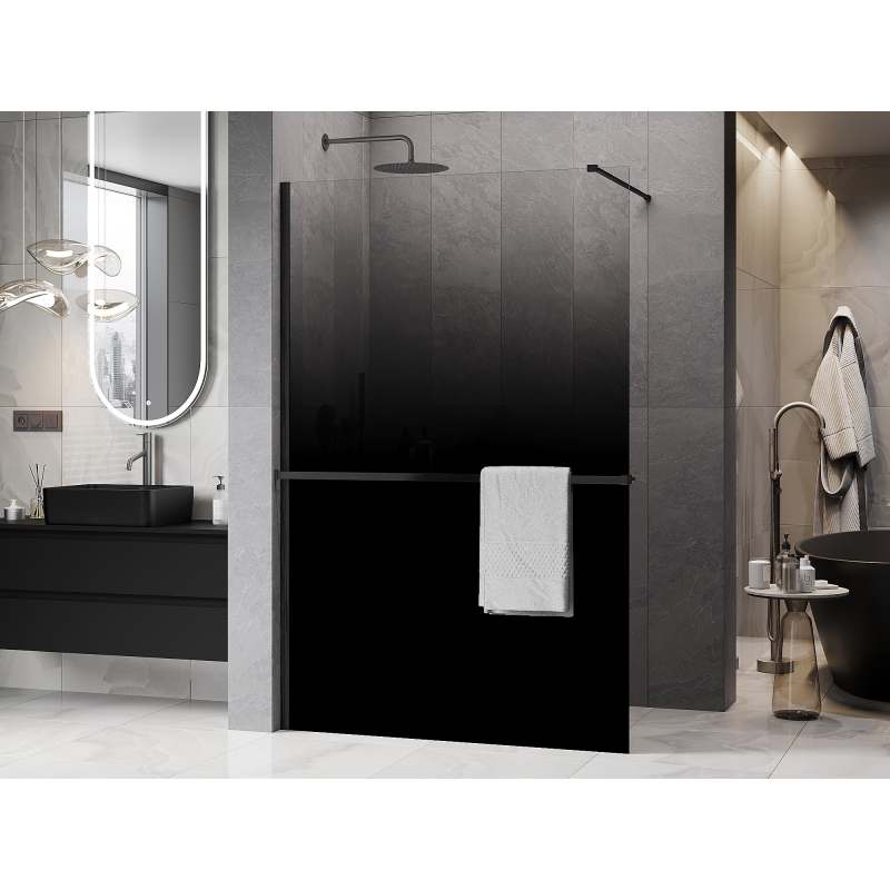 Mexen Kioto+ sprchová stena s poličkou Walk-in 90 x 200 cm, čierna ombre 8 mm, brúsená šedá zbraň - 800-090-121-66-76