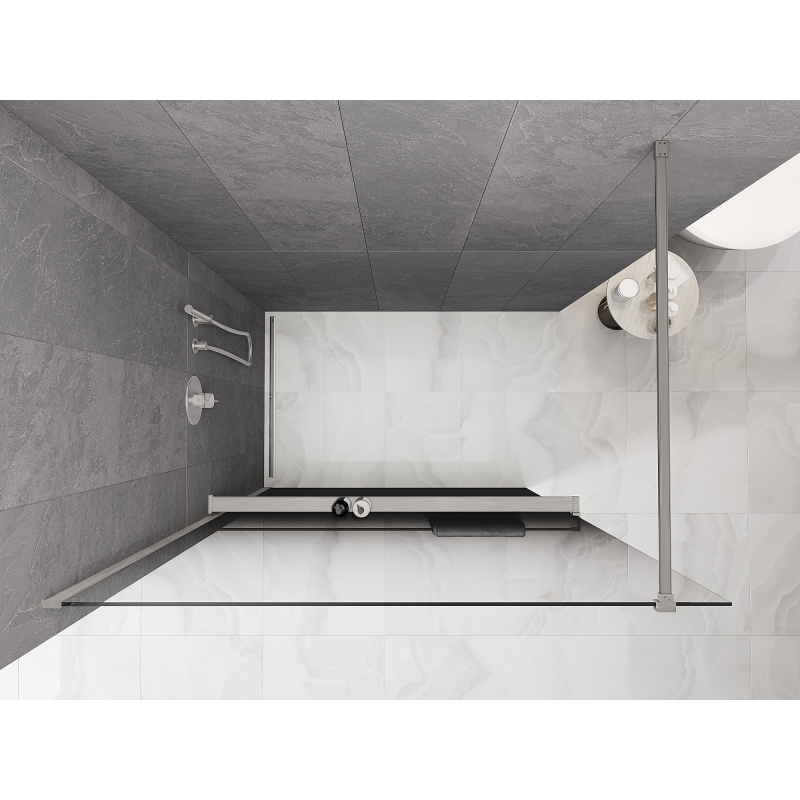 Mexen Kioto+ Sprchová stena s poličkou Walk-in 150 x 200 cm, ombre čierna 8 mm, brúsený nikel - 800-150-121-97-76