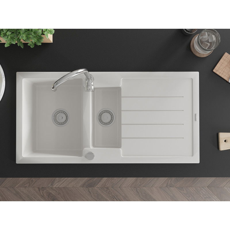 Mexen Andres granitový kuchynský drez 1,5-komorový s odkvapkávačom a kuchynskou batériou Telma, biela - 6515-20-670200-00