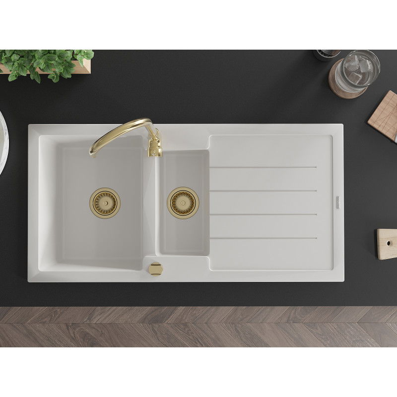 Mexen Andres žulový drez 1,5-komorový s odkvapkávačom a kuchynskou batériou Telma, biely - 6515-20-670200-50