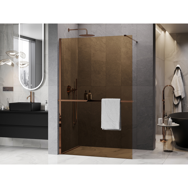Mexen Kioto+ sprchová stena s poličkou Walk-in 70 x 200 cm, bronz 8 mm, ružové zlato - 800-070-121-60-32
