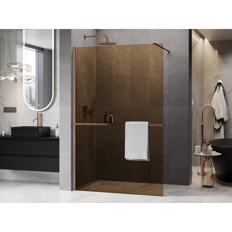 Mexen Kioto+ sprchová stena s poličkou Walk-in 80 x 200 cm, bronz 8 mm, brúsená meď - 800-080-121-65-32