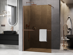 Mexen Kioto+ sprchová stena s poličkou Walk-in 130 x 200 cm, bronz 8 mm, brúsená meď - 800-130-121-65-32