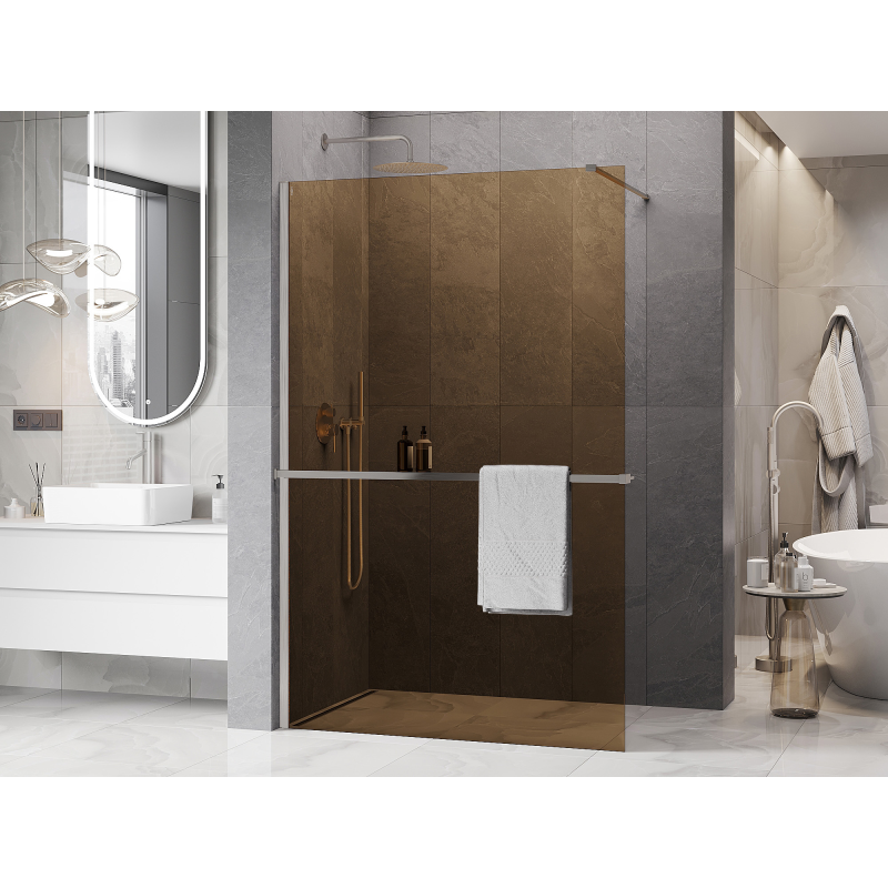 Mexen Kioto+ sprchová stena s poličkou Walk-in 70 x 200 cm, bronz 8 mm, brúsený nikel - 800-070-121-97-32