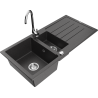 Mexen Andres granitový drez 1,5-komorový s odkvapkávačom a kuchynskou batériou Telma, čierny škvrnitý