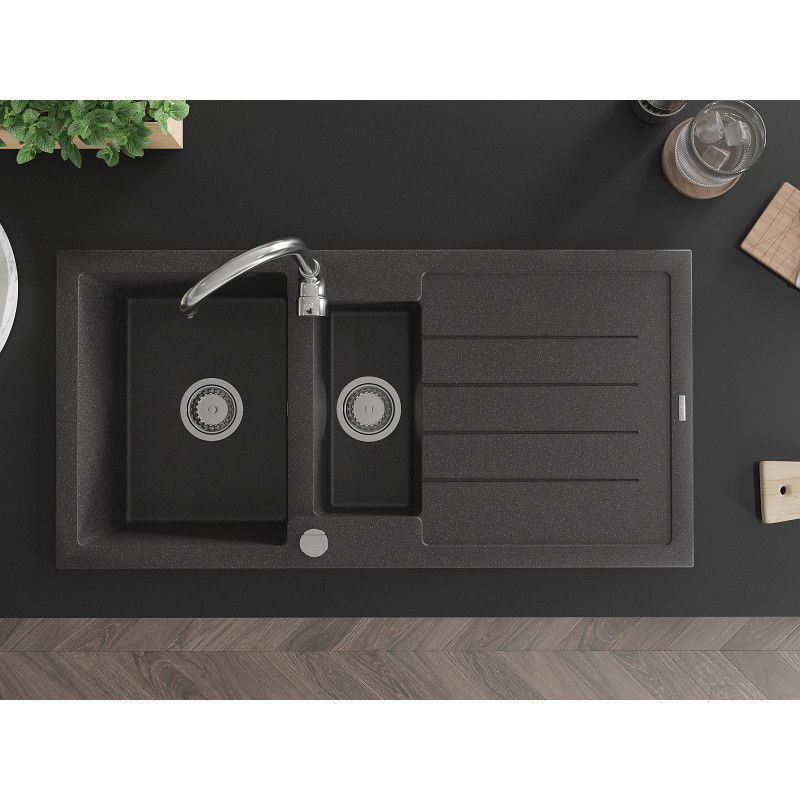 Mexen Andres granitový drez 1,5-komorový s odkvapkávačom a kuchynskou batériou Telma, čierny škvrnitý