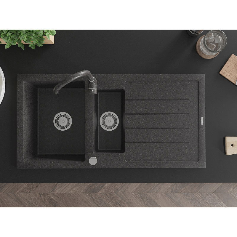 Mexen Andres granitový drez 1,5-komorový s odkvapkávačom a kuchynskou batériou Telma, čierny bodkovaný - 6515-76-670200-76