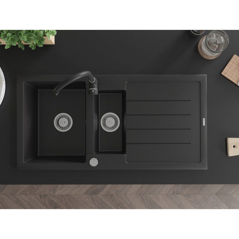Mexen Andres žulový drez 1,5-komorový s odkvapkávačom a kuchynskou batériou Telma, čierny - 6515-77-670200-70