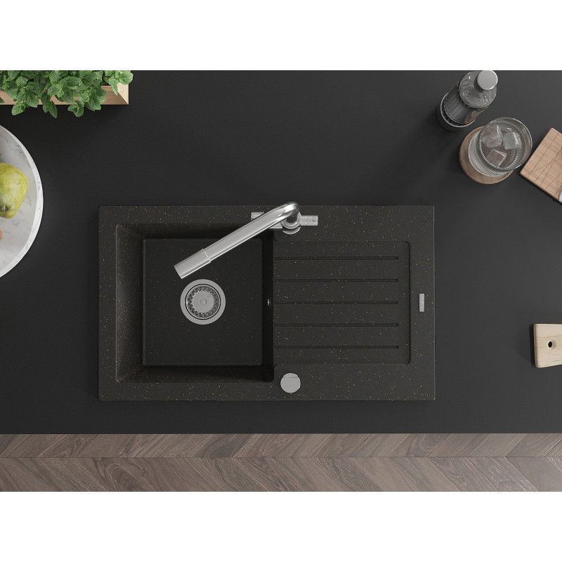 Mexen Pablo žulový drez 1-komorový s odkvapkávačom a kuchynskou batériou Duero, čierny/zlatý metalický - 6510-75-671600-00