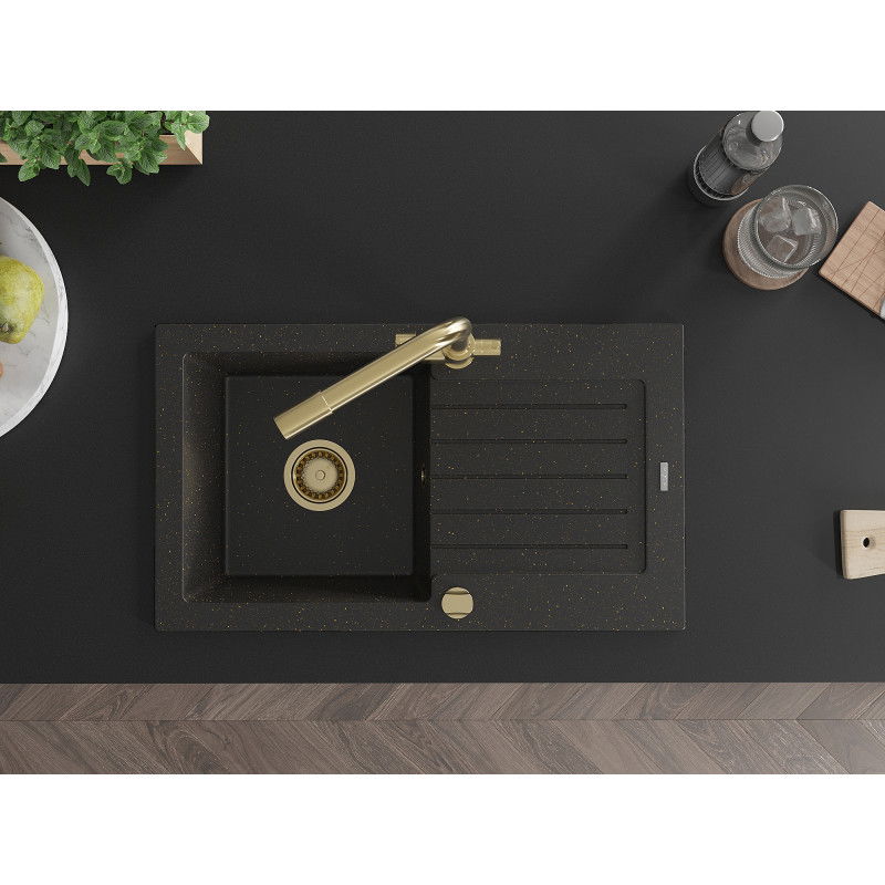 Mexen Pablo granitový drez 1-komorový s odkvapkávačom a kuchynskou batériou Duero, čierny/zlatý metalík - 6510-75-671600-50