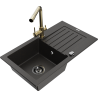 Mexen Pablo granitový drez s 1-komorovým odkvapkávačom a kuchynskou batériou Duero, čierny/zlatý metalik - 6510-75-671600-50-B