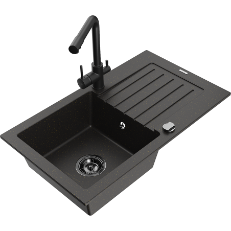 Mexen Pablo granitový drez s 1 komorou a odkvapkávacou plochou so zlatou metalickou kuchynskou batériou Duero, čierny