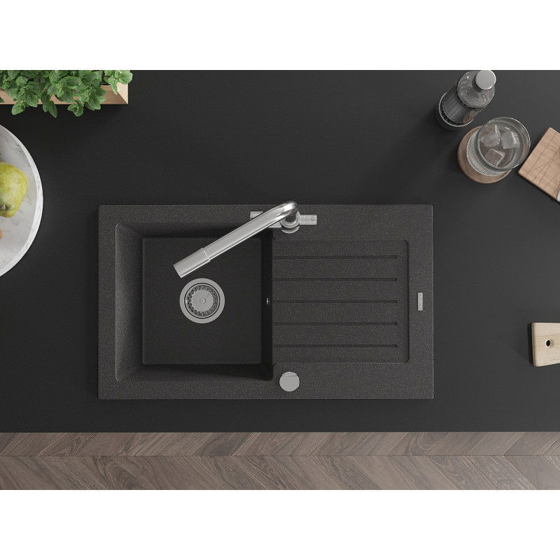Mexen Pablo žulový drez 1-komorový s odkvapkávačom a kuchynskou batériou Duero, čierny s postriekaním - 6510-76-671600-00