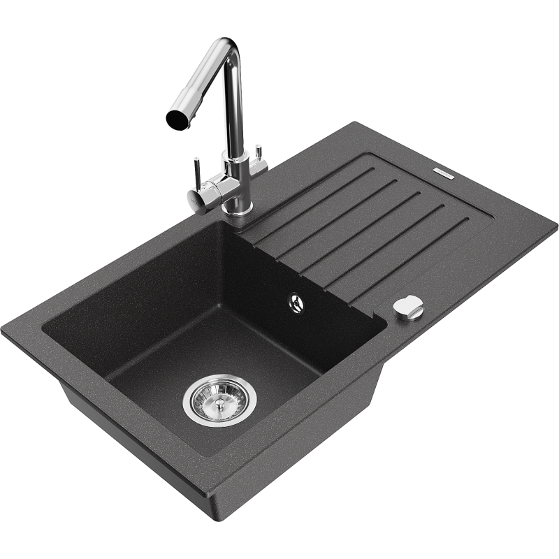 Mexen Pablo žulový drez 1-komorový s odkvapkávačom a kuchynskou batériou Duero, čierny s postriekaním - 6510-76-671600-00