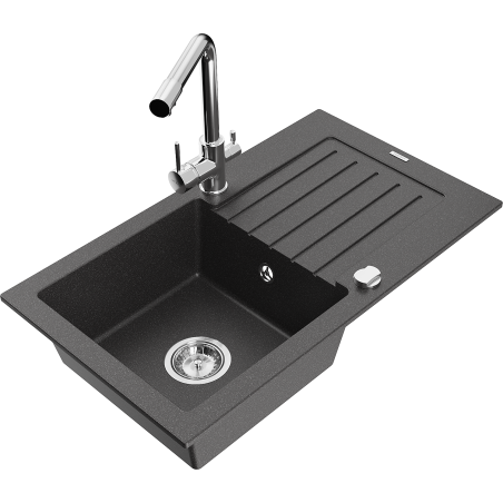 Mexen Pablo žulový drez 1-komorový s odkvapkávačom a kuchynskou batériou Duero, čierny s postriekaním - 6510-76-671600-00