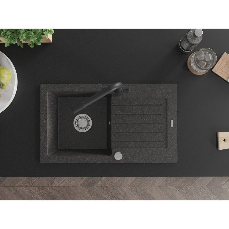 Mexen Pablo žulový drez s 1 komorou s odkvapkávačom a kuchynskou batériou Duero, čierny škvrnitý - 6510-76-671600-70