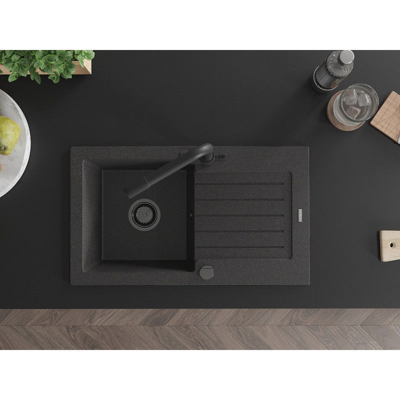 Mexen Pablo granitový drez 1-komorový s odkvapkávačom a kuchynskou batériou Duero, čierna škvrnitá - 6510-76-671600-70-B