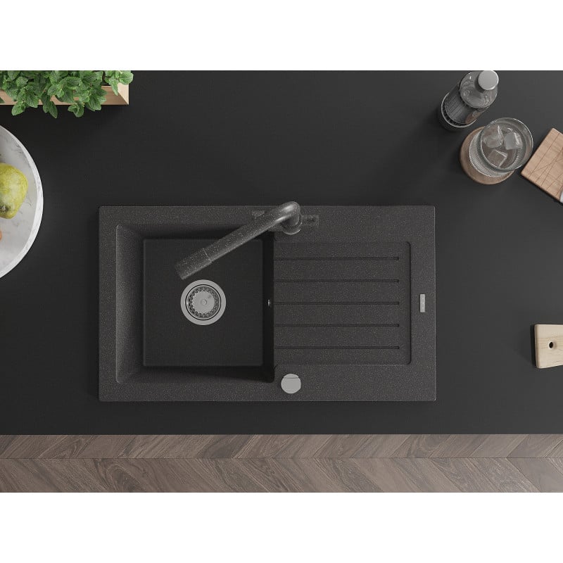 Mexen Pablo granitový jednodrez s odkvapkávačom a kuchynskou batériou Duero, čierny s bodkami - 6510-76-671600-76