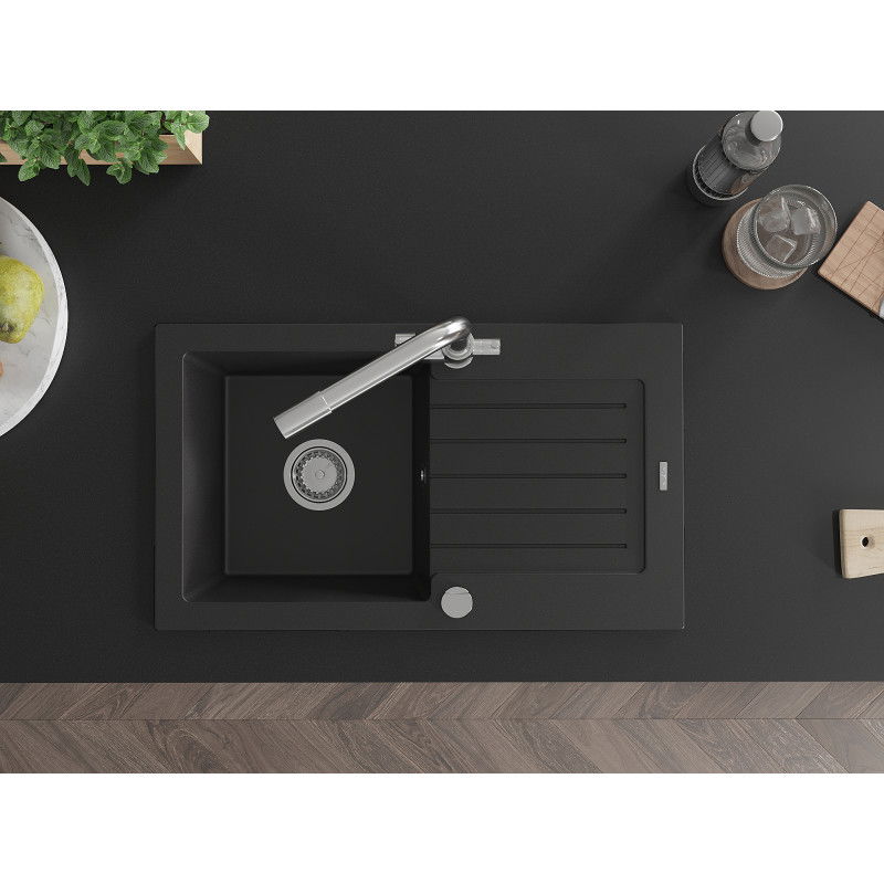 Mexen Pablo žulový kuchynský drez s 1 komorou a odkvapkávačom a kuchynskou batériou Duero, čierny - 6510-77-671600-00