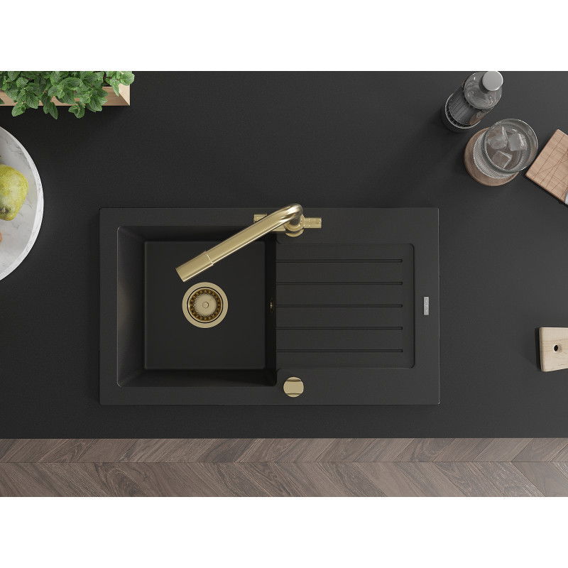 Mexen Pablo žulový drez s 1 komorou a odkvapkávačom a kuchynskou batériou Duero, čierny - 6510-77-671600-50