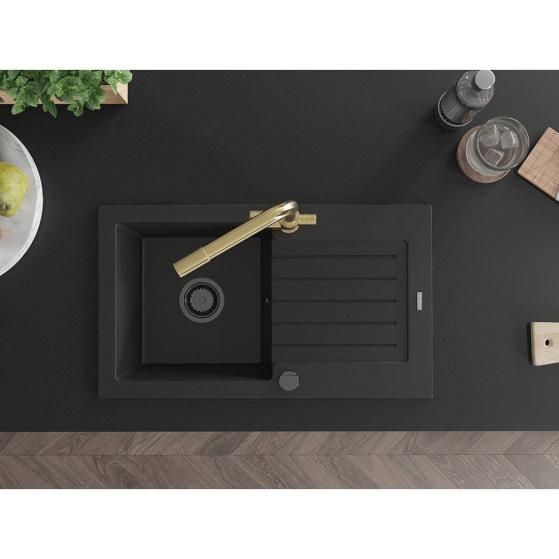 Mexen Pablo žulový kuchynský drez s 1 komorou, odkvapkávačom a kuchynskou batériou Duero, čierny - 6510-77-671600-50-B
