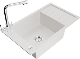 Mexen Elias granitový drez 1-komorový s odkvapkávačom a kuchynskou batériou Duero, biely - 6511-20-671600-00