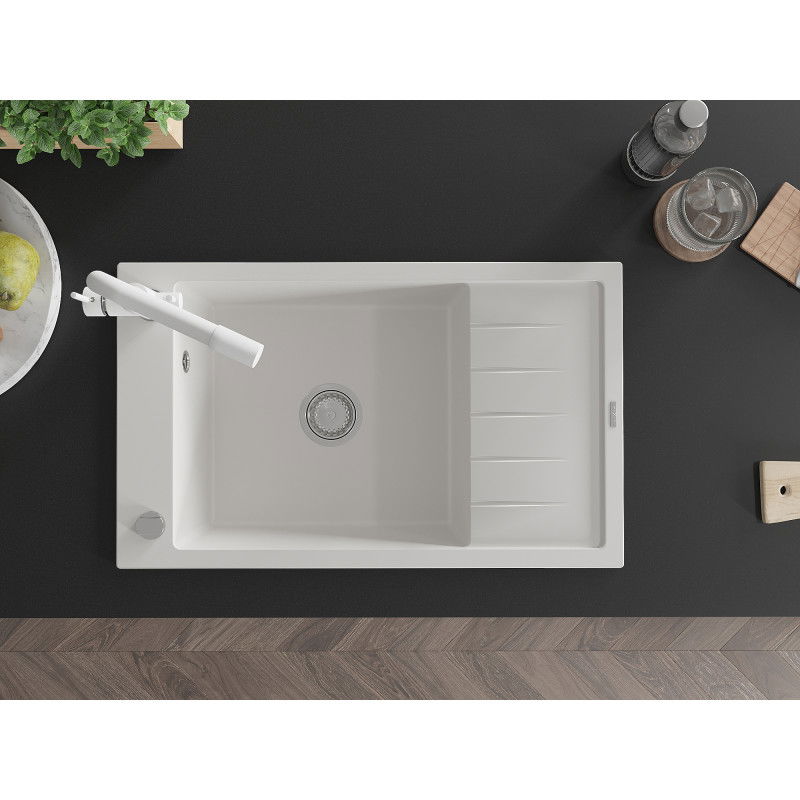 Mexen Elias granitový drez s 1 komorou a odkvapkávačom a kuchynskou batériou Duero, biela - 6511-20-671600-20