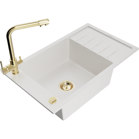 Mexen Elias granitový drez 1-komorový s odkvapkávacou plochou a kuchynskou batériou Duero, biely - 6511-20-671600-50