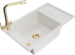 Mexen Elias granitový drez 1-komorový s odkvapkávacou plochou a kuchynskou batériou Duero, biely - 6511-20-671600-50