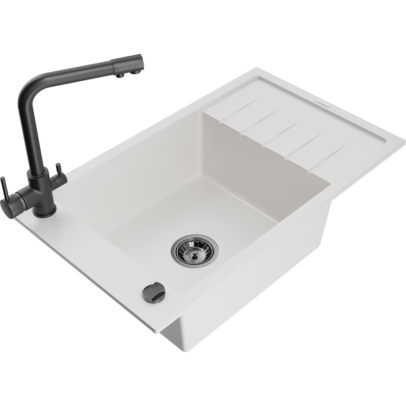 Mexen Elias žulový drez 1-komorový s odkvapkávadlom a kuchynskou batériou Duero, biely - 6511-20-671600-70