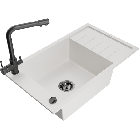 Mexen Elias žulový drez 1-komorový s odkvapkávadlom a kuchynskou batériou Duero, biely - 6511-20-671600-70