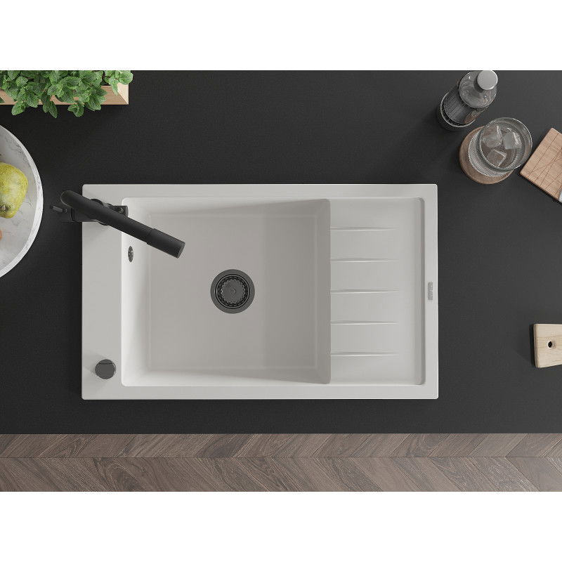 Mexen Elias žulový drez 1-komorový s odkvapkávadlom a kuchynskou batériou Duero, biely - 6511-20-671600-70