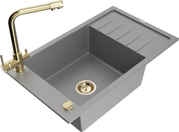 Mexen Elias žulový drez s 1 komorou s odkvapkávačom a kuchynskou batériou Duero, sivý - 6511-71-671600-50