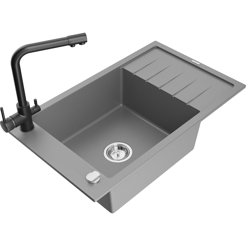 Mexen Elias jednokomorový granitový drez s odkvapkávačom a kuchynskou batériou Duero, sivý - 6511-71-671600-70