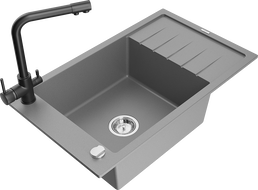 Mexen Elias jednokomorový granitový drez s odkvapkávačom a kuchynskou batériou Duero, sivý - 6511-71-671600-70