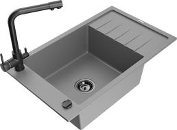 Mexen Elias granitový kuchynský drez s 1 komorou a odkvapkávačom s kuchynskou batériou Duero, sivý - 6511-71-671600-70-B