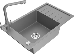 Mexen Elias granitový kuchynský drez s 1 komorou, odkvapkávacou plochou a kuchynská batéria Duero, sivá - 6511-71-671600-71