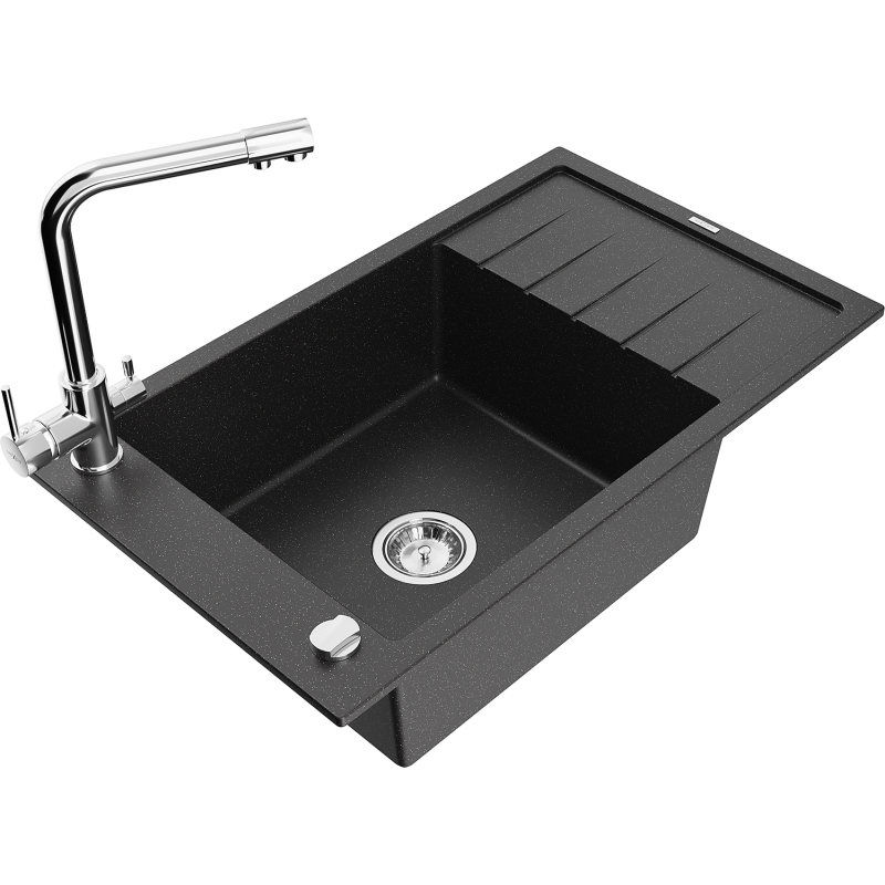 Mexen Elias granitový drez s 1 komorou s odkvapkávačom a kuchynskou batériou Duero, čierny/strieborný metalik