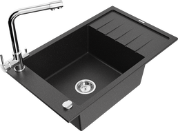 Mexen Elias granitový drez s 1 komorou s odkvapkávačom a kuchynskou batériou Duero, čierny/strieborný metalik