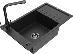 Mexen Elias granitový kuchynský drez s 1 komorou, odkvapkávacou plochou a kuchynskou batériou Duero, čierna/strieborný