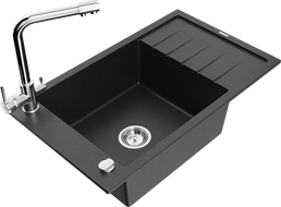 Mexen Elias granitový drez 1-komorový s odkvapkávačom a kuchynskou batériou Duero, čierny/zlatý metalik - 6511-75-671600-00