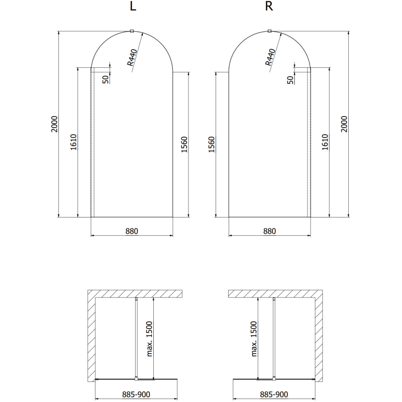 Mexen Kioto-Q sprchová stena Walk-in 90 x 200 cm, transparentná 8 mm, brúsený nikel - 800-090-101-97-00-Q