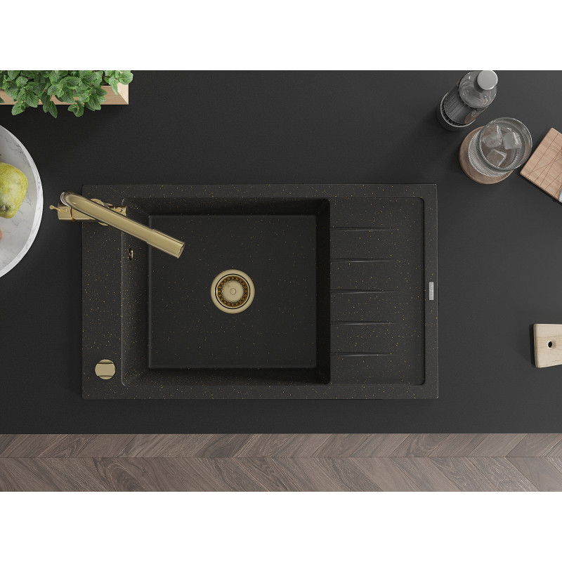 Mexen Elias granitový drez 1-komorový s odkvapkávačom a kuchynskou batériou Duero, čierny/zlatý metalický - 6511-75-671600-50