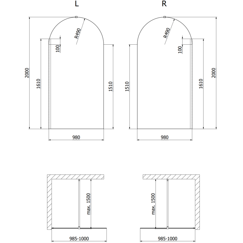 Mexen Kioto-Q sprchová stena Walk-in 100 x 200 cm, transparentná 8 mm, brúsený nikel - 800-100-101-97-00-Q