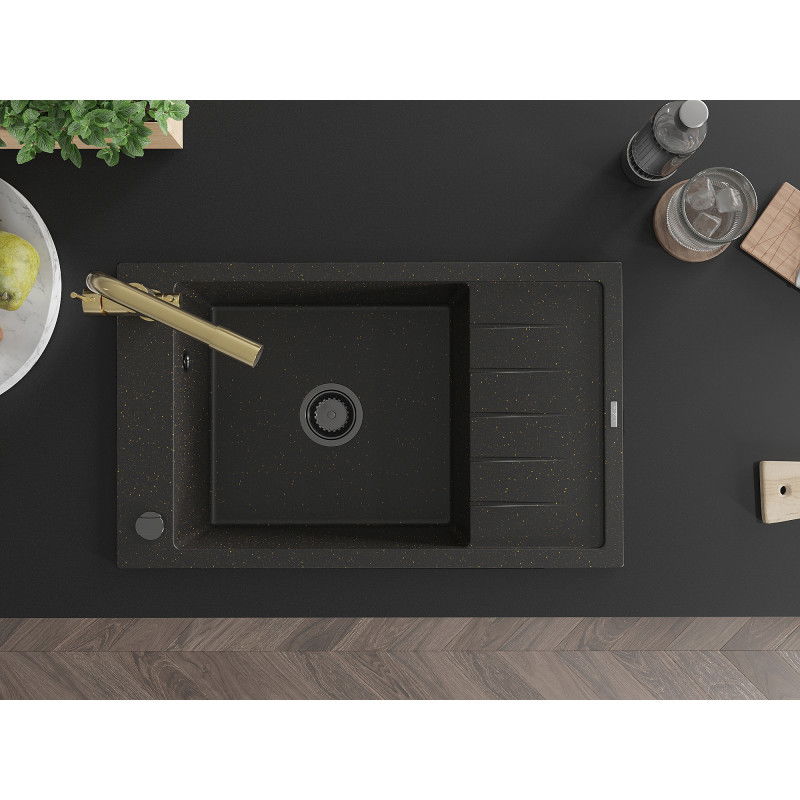 Mexen Elias granitový drez 1-komorový s odkvapkávačom a kuchynskou batériou Duero, čierny/zlatý metalik - 6511-75-671600-50-B