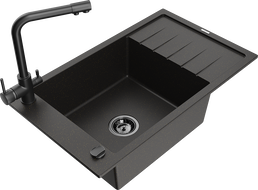 Mexen Elias granitový drez 1-komorový s odkvapkávačom a kuchynskou batériou Duero, čierny/zlatý metalický - 6511-75-671600-70-B