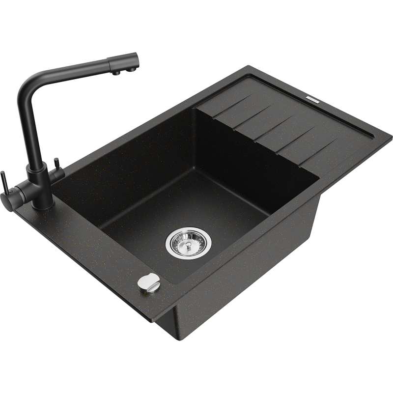 Mexen Elias granitový jednodrez s odkvapkávačom a kuchynskou batériou Duero, čierna/zlatý metalik - 6511-75-671600-70