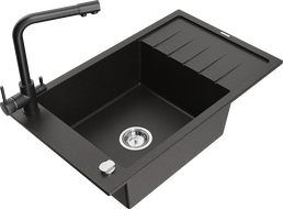 Mexen Elias granitový jednodrez s odkvapkávačom a kuchynskou batériou Duero, čierna/zlatý metalik - 6511-75-671600-70